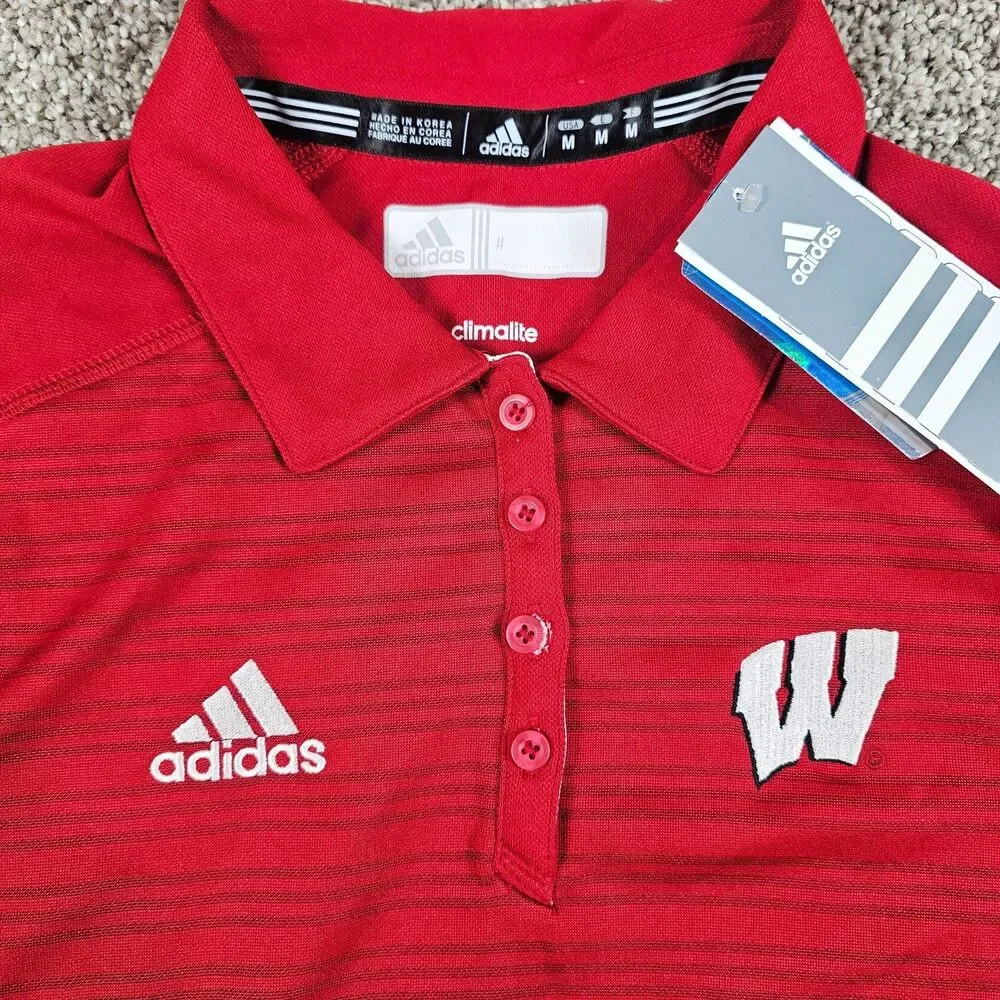 Wisconson Badgers Shirt Men Medium Red Striped Adidas Climalite Logo Performance